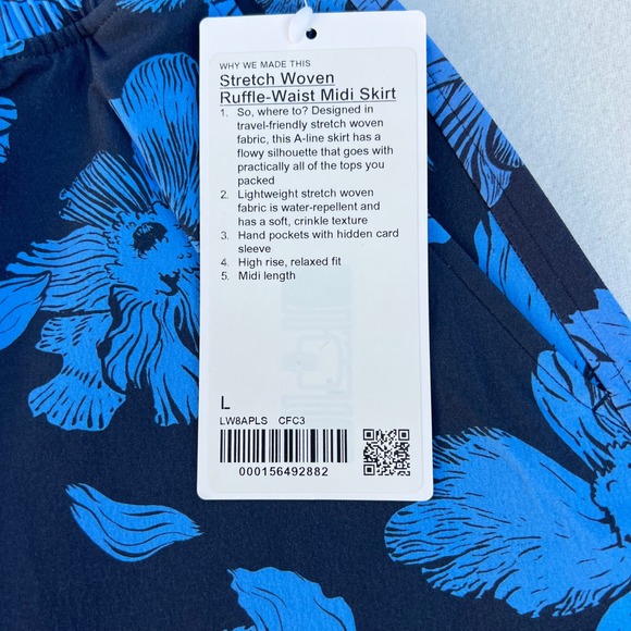 Lululemon Stretch Woven Ruffle Waist Midi Skirt Blue Floral Relaxed Fit Size L - Picture 3 of 10